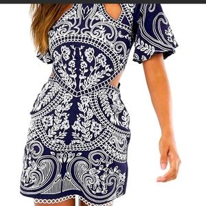 LIKE NEW - Asos Structured Embroidered Cut Out Navy and White Dress - Size 8